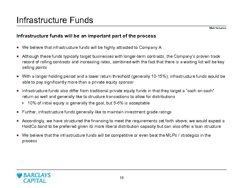 Infrastructure Funds M&A Valuation Infrastructure funds will be an important part of the process