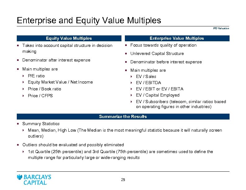 Enterprise and Equity Value Multiples IPO Valuation Equity Value Multiples Enterprise Value Multiples ¡