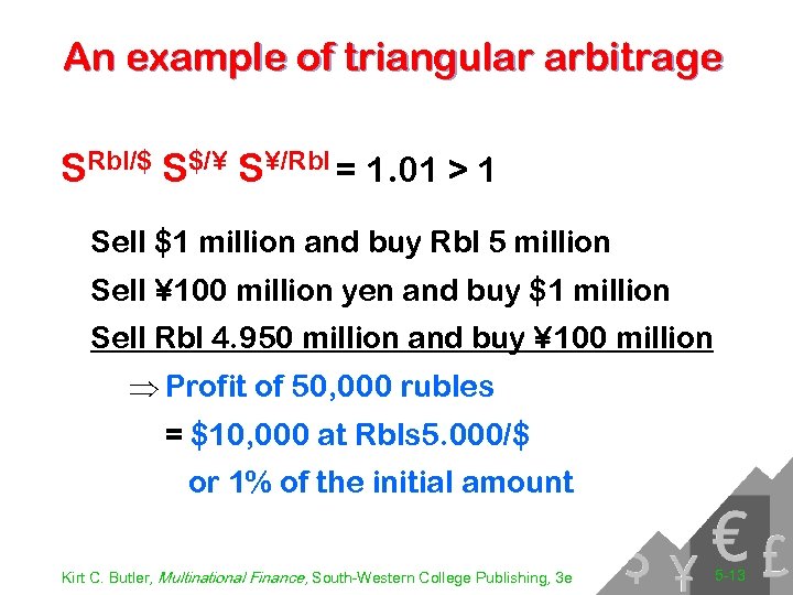 An example of triangular arbitrage SRbl/$ S$/¥ S¥/Rbl = 1. 01 > 1 Sell