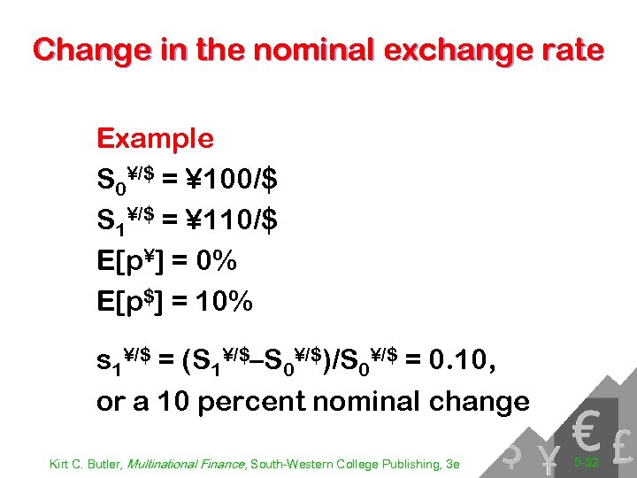 Change in the nominal exchange rate Example S 0¥/$ = ¥ 100/$ S 1¥/$