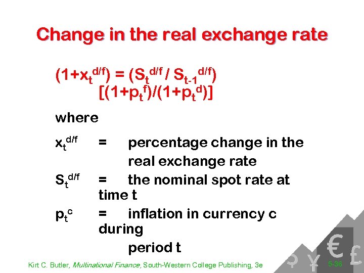 Change in the real exchange rate (1+xtd/f) = (Std/f / St-1 d/f) [(1+ptf)/(1+ptd)] where