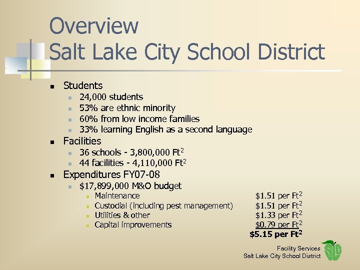Overview Salt Lake City School District n Students n n n Facilities n n