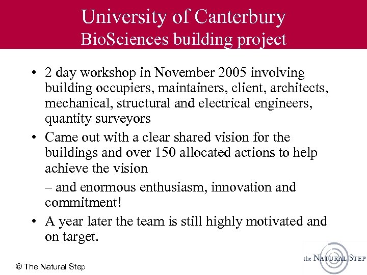 University of Canterbury Bio. Sciences building project • 2 day workshop in November 2005