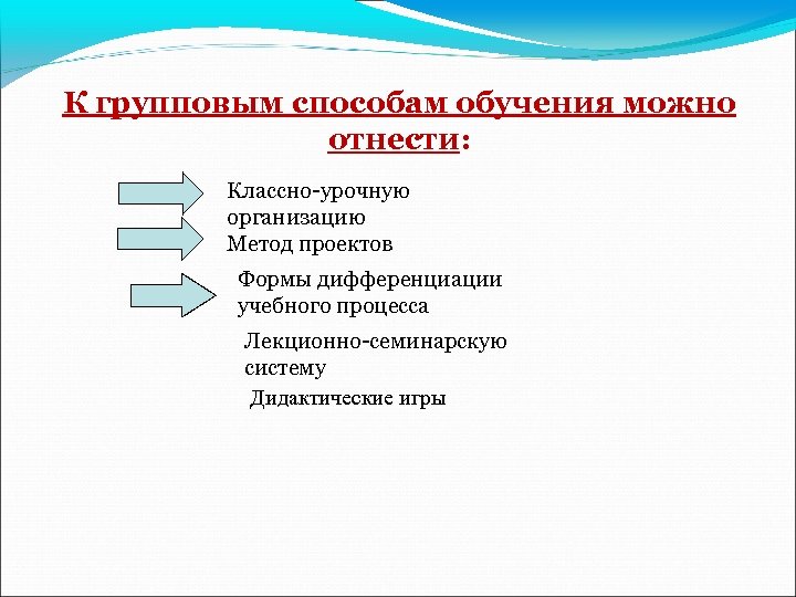 К групповым способам обучения можно отнести: Классно-урочную организацию Метод проектов Формы дифференциации учебного процесса