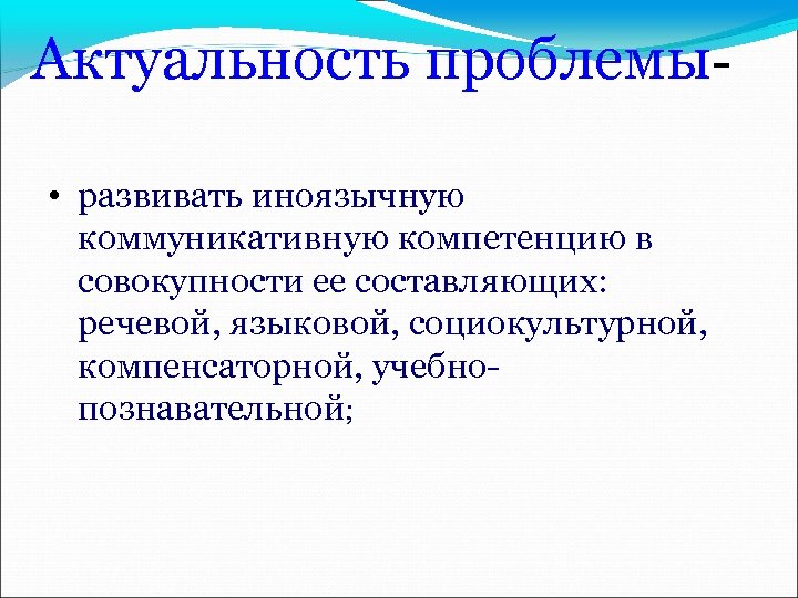 Актуальность проблемы • развивать иноязычную коммуникативную компетенцию в совокупности ее составляющих: речевой, языковой, социокультурной,