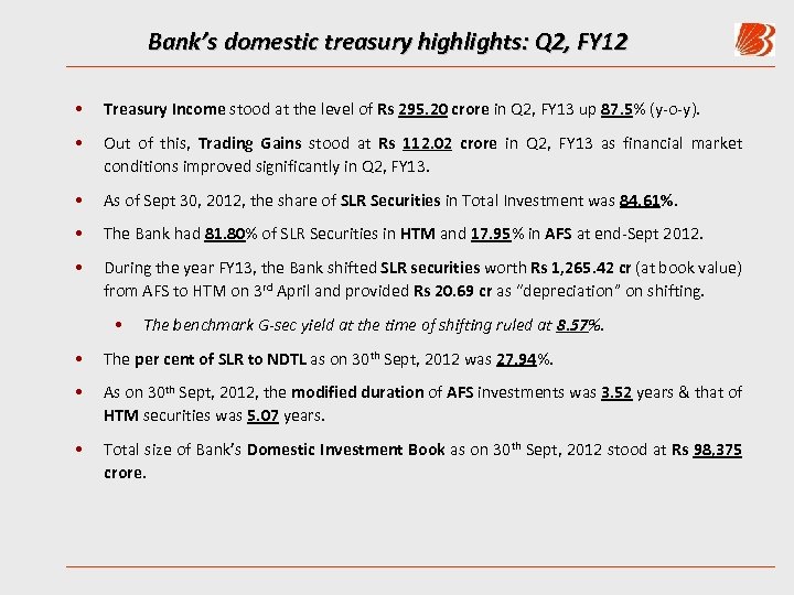 Bank’s domestic treasury highlights: Q 2, FY 12 • Treasury Income stood at the