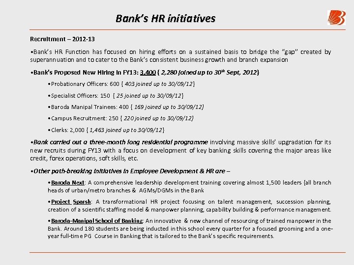 Bank’s HR initiatives Recruitment – 2012 -13 • Bank’s HR Function has focused on