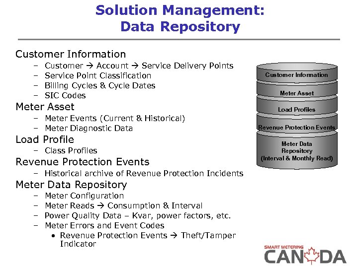 Solution Management: Data Repository Customer Information – – Customer Account Service Delivery Points Service