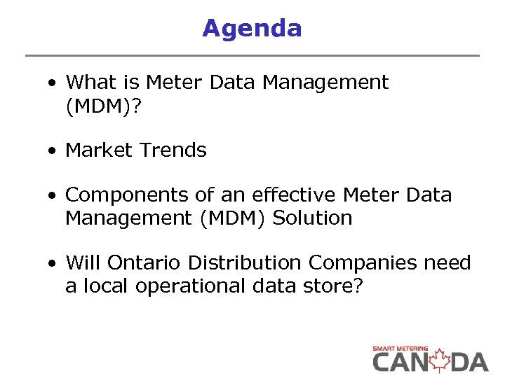 Agenda • What is Meter Data Management (MDM)? • Market Trends • Components of