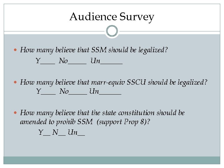 Audience Survey How many believe that SSM should be legalized? Y____ No_____ Un______ How