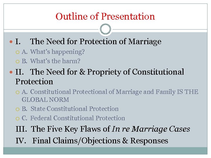 Outline of Presentation I. The Need for Protection of Marriage A. What’s happening? B.
