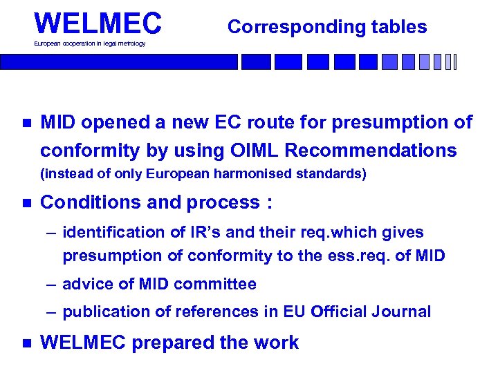 WELMEC Corresponding tables European cooperation in legal metrology n MID opened a new EC