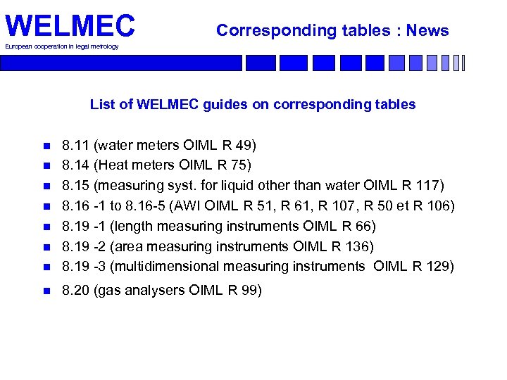 WELMEC Corresponding tables : News European cooperation in legal metrology List of WELMEC guides