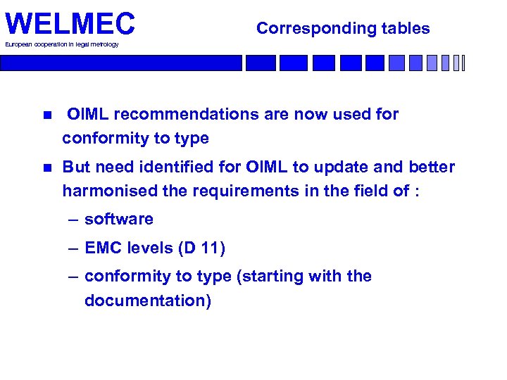 WELMEC Corresponding tables European cooperation in legal metrology n OIML recommendations are now used