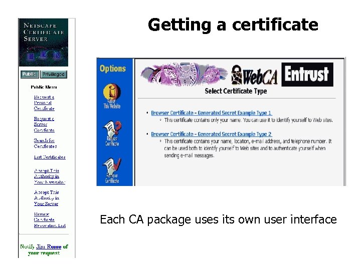 Getting a certificate Each CA package uses its own user interface 