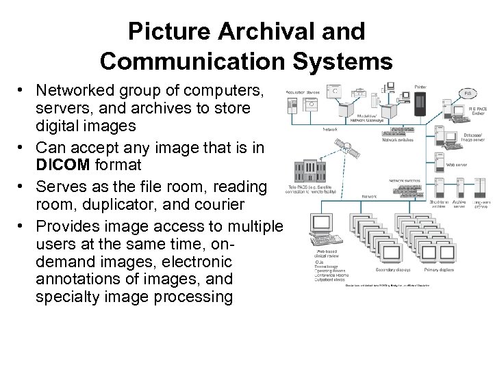 Picture Archival and Communication Systems • Networked group of computers, servers, and archives to