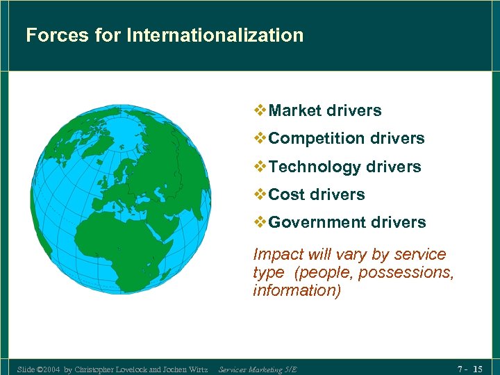 Forces for Internationalization v. Market drivers v. Competition drivers v. Technology drivers v. Cost