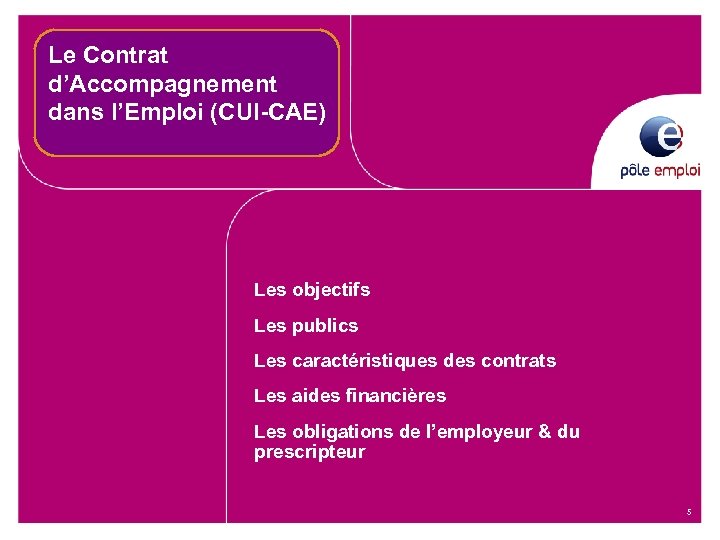 Le Contrat d’Accompagnement dans l’Emploi (CUI-CAE) Les objectifs Les publics Les caractéristiques des contrats