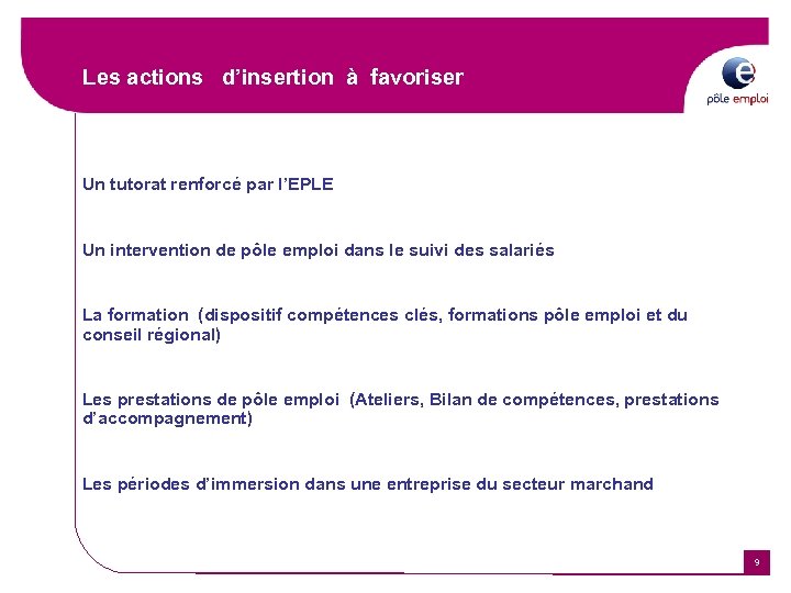 Les actions d’insertion à favoriser Un tutorat renforcé par l’EPLE Un intervention de pôle