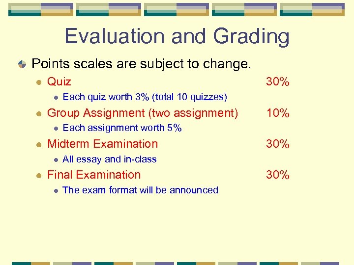 Evaluation and Grading Points scales are subject to change. l Quiz l l l