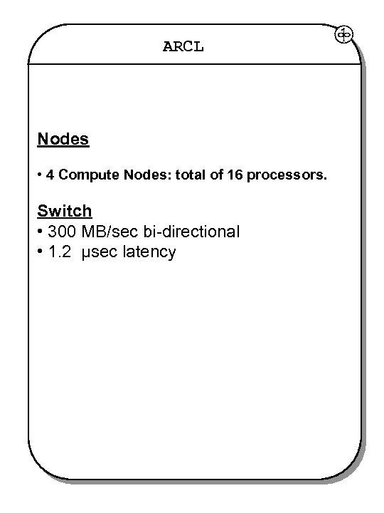 ARCL Nodes • 4 Compute Nodes: total of 16 processors. Switch • 300 MB/sec
