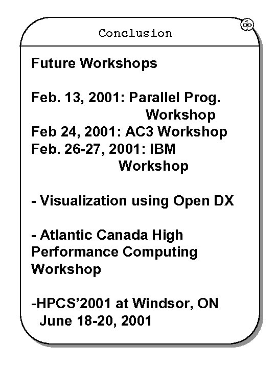 Conclusion Future Workshops Feb. 13, 2001: Parallel Prog. Workshop Feb 24, 2001: AC 3