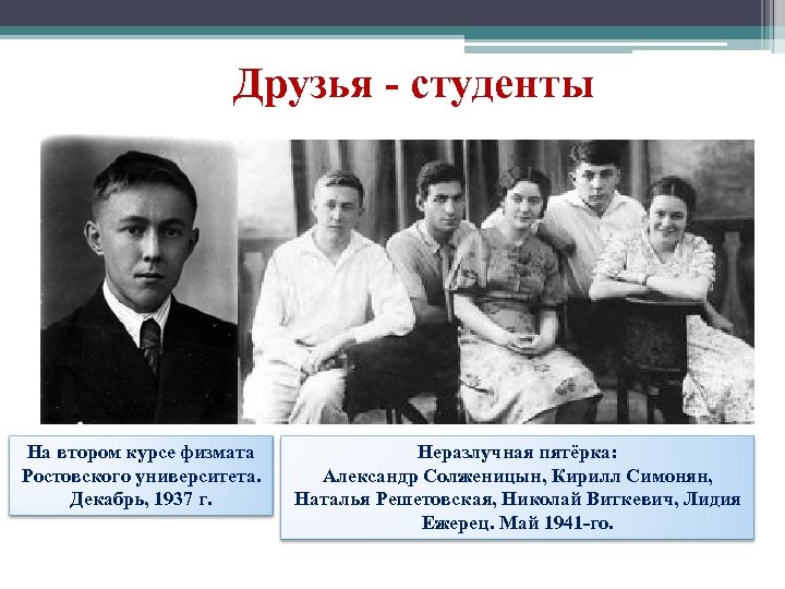 Друзья - студенты На втором курсе физмата Ростовского университета. Декабрь, 1937 г. Неразлучная пятёрка: