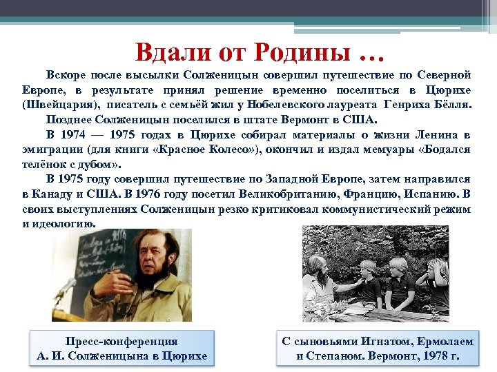 Вдали от Родины … Вскоре после высылки Солженицын совершил путешествие по Северной Европе, в