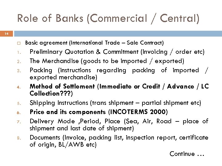 Role of Banks (Commercial / Central) 14 1. 2. 3. 4. 5. 6. 7.