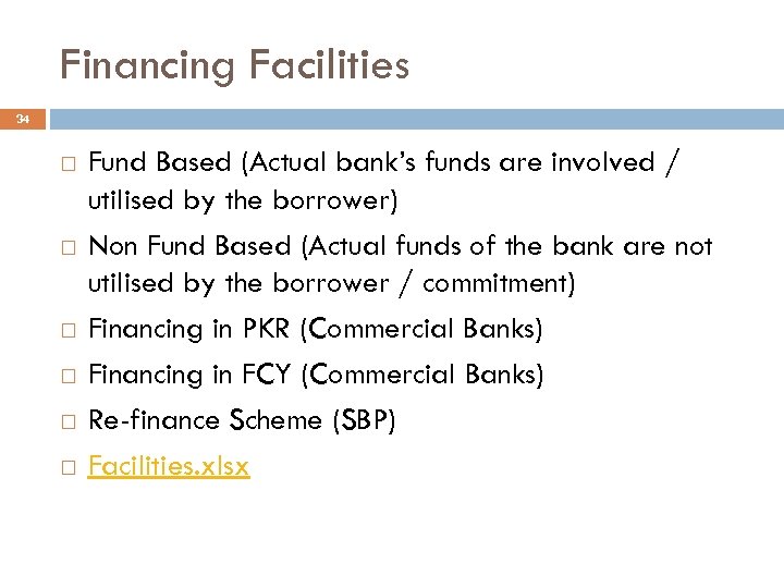 Financing Facilities 34 Fund Based (Actual bank’s funds are involved / utilised by the