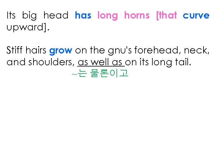 Its big head has long horns [that curve upward]. Stiff hairs grow on the