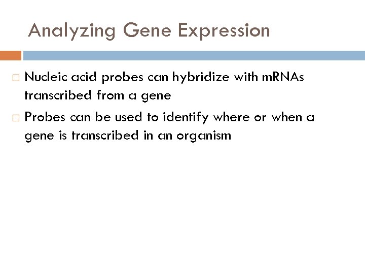 Analyzing Gene Expression Nucleic acid probes can hybridize with m. RNAs transcribed from a
