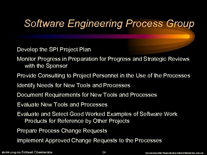 Software Engineering Process Group Develop the SPI Project Plan Monitor Progress in Preparation for