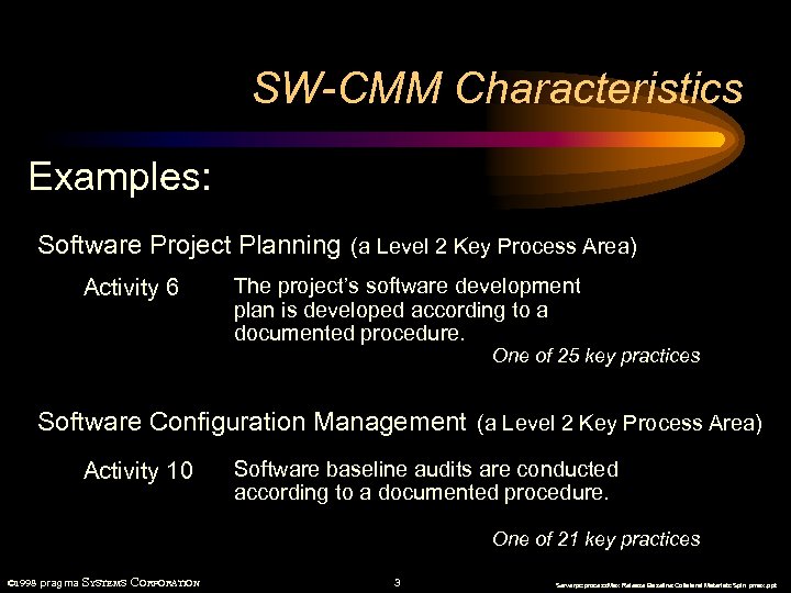 SW-CMM Characteristics Examples: Software Project Planning (a Level 2 Key Process Area) Activity 6
