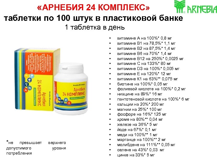  «АРНЕБИЯ 24 КОМПЛЕКС» таблетки по 100 штук в пластиковой банке 1 таблетка в
