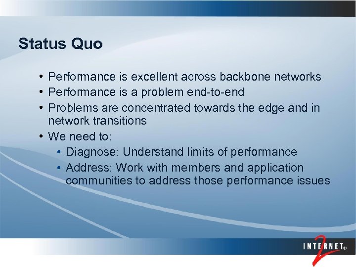 Status Quo • Performance is excellent across backbone networks • Performance is a problem