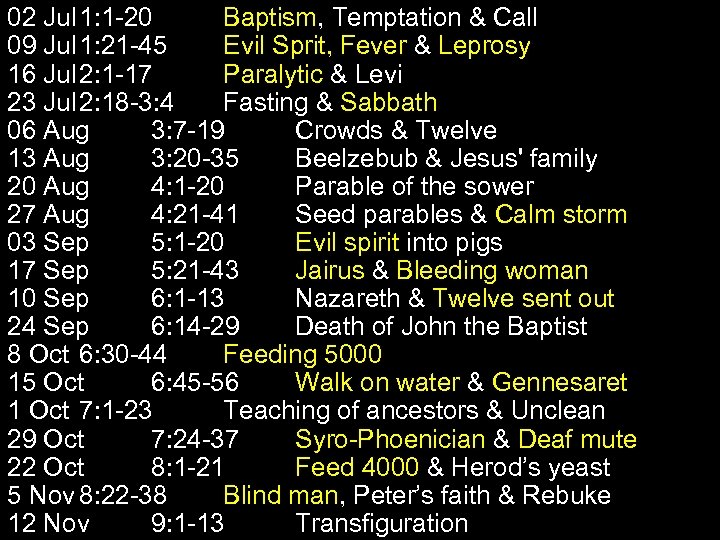 02 Jul 1: 1 -20 Baptism, Temptation & Call 09 Jul 1: 21 -45