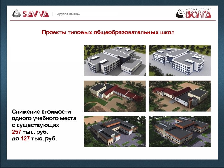 Проекты типовых общеобразовательных школ Снижение стоимости одного учебного места с существующих 257 тыс. руб.