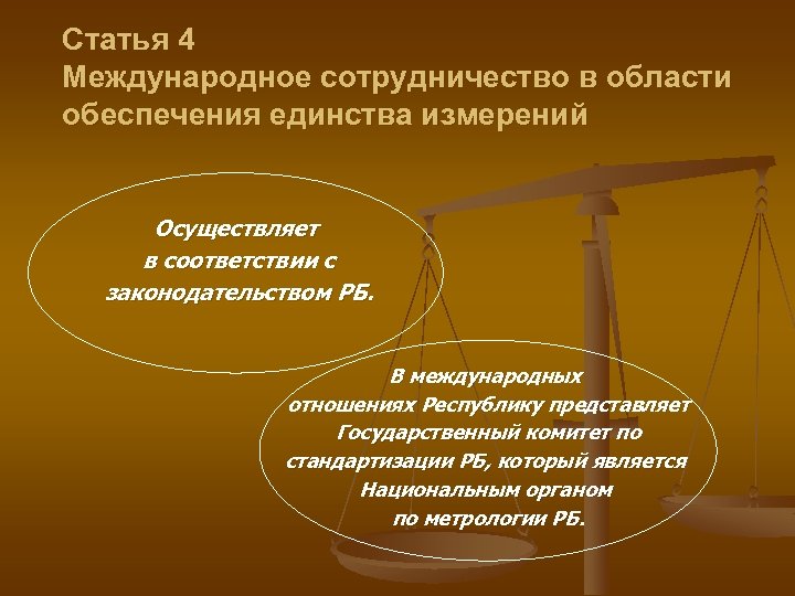 Статья 4 Международное сотрудничество в области обеспечения единства измерений Осуществляет в соответствии с законодательством