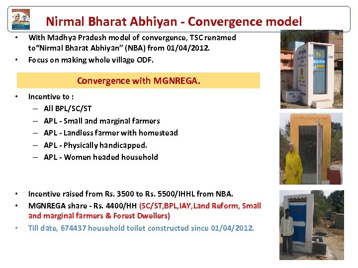 Nirmal Bharat Abhiyan - Convergence model • • With Madhya Pradesh model of convergence,
