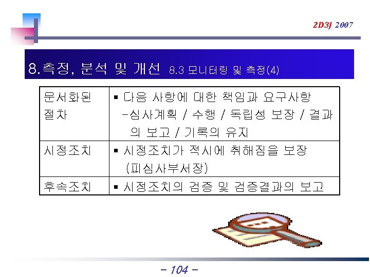 2 D 3 J 2007 8. 측정, 분석 및 개선 문서화된 절차 시정조치 후속조치