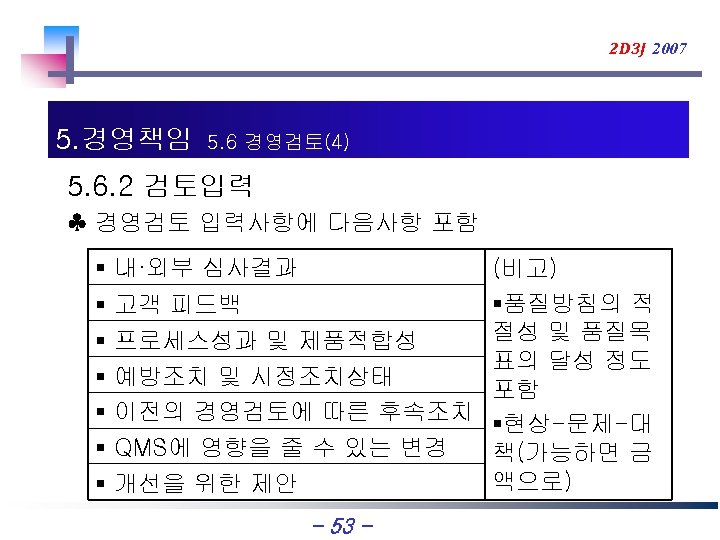 2 D 3 J 2007 5. 경영책임 5. 6 경영검토(4) 5. 6. 2 검토입력