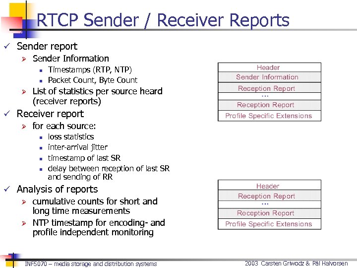 RTCP Sender / Receiver Reports ü Sender report Ø Sender Information n n Ø