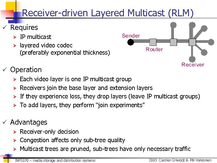 Receiver-driven Layered Multicast (RLM) ü Requires Ø IP multicast Ø layered video codec (preferably