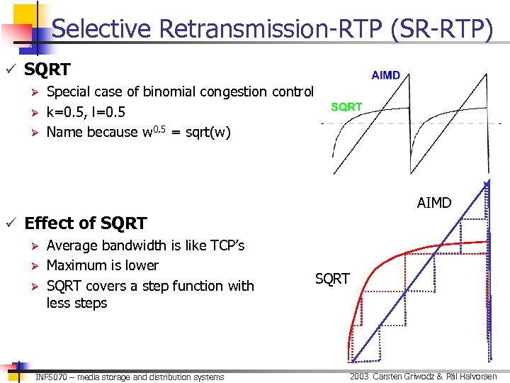 Selective Retransmission-RTP (SR-RTP) ü SQRT Ø Special case of binomial congestion control Ø k=0.