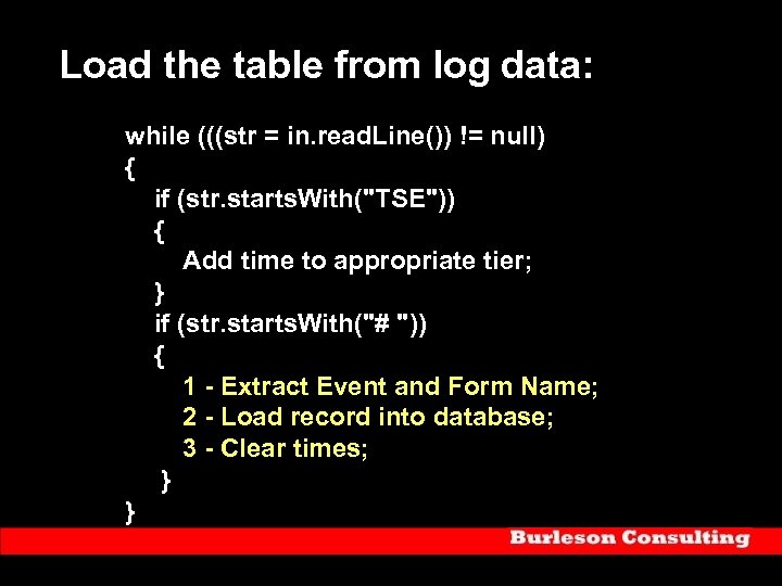 Load the table from log data: while (((str = in. read. Line()) != null)