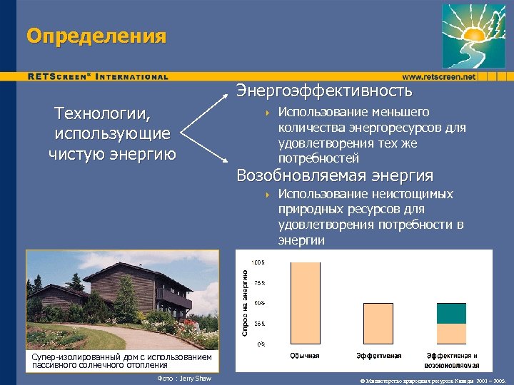 Определения Энергоэффективность Технологии, использующие чистую энергию 4 Использование меньшего количества энергоресурсов для удовлетворения тех