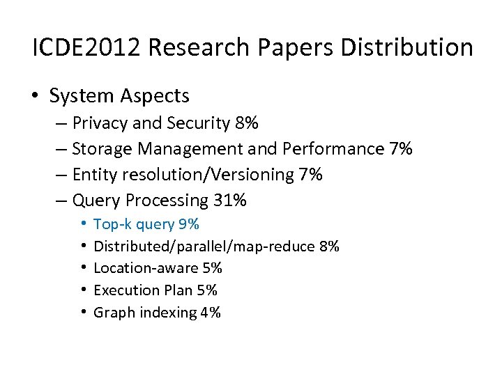 ICDE 2012 Research Papers Distribution • System Aspects – Privacy and Security 8% –