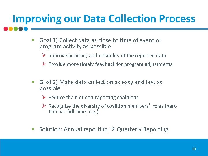 Improving our Data Collection Process • Goal 1) Collect data as close to time