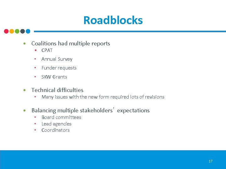 Roadblocks • Coalitions had multiple reports • CPAT • Annual Survey • Funder requests